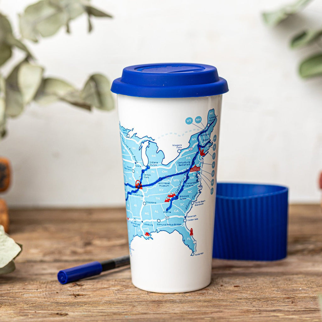 Trouvaille US Road Trip Map color-in travel mug featuring a blank map design for coloring in, with a white ceramic mug shape.