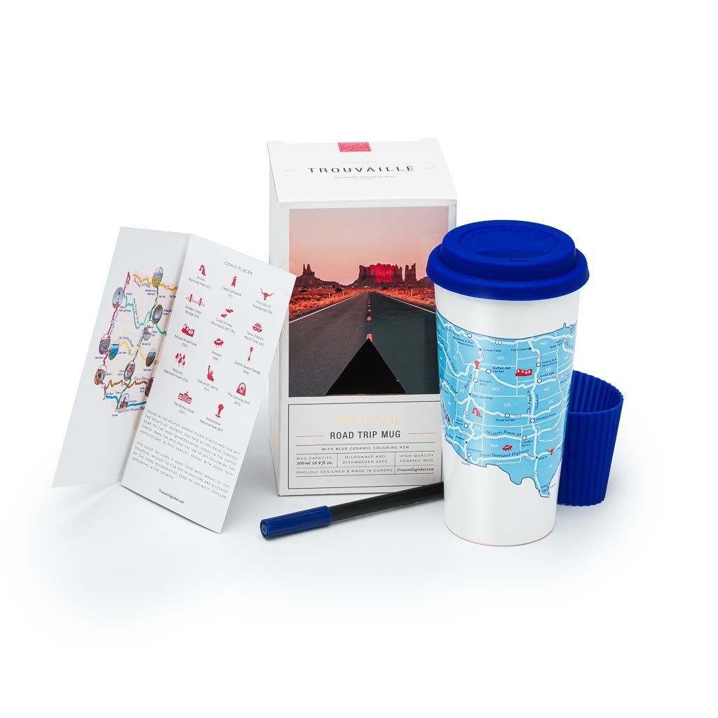 Trouvaille US Road Trip Map color-in travel mug featuring a detailed map design on a ceramic cup.