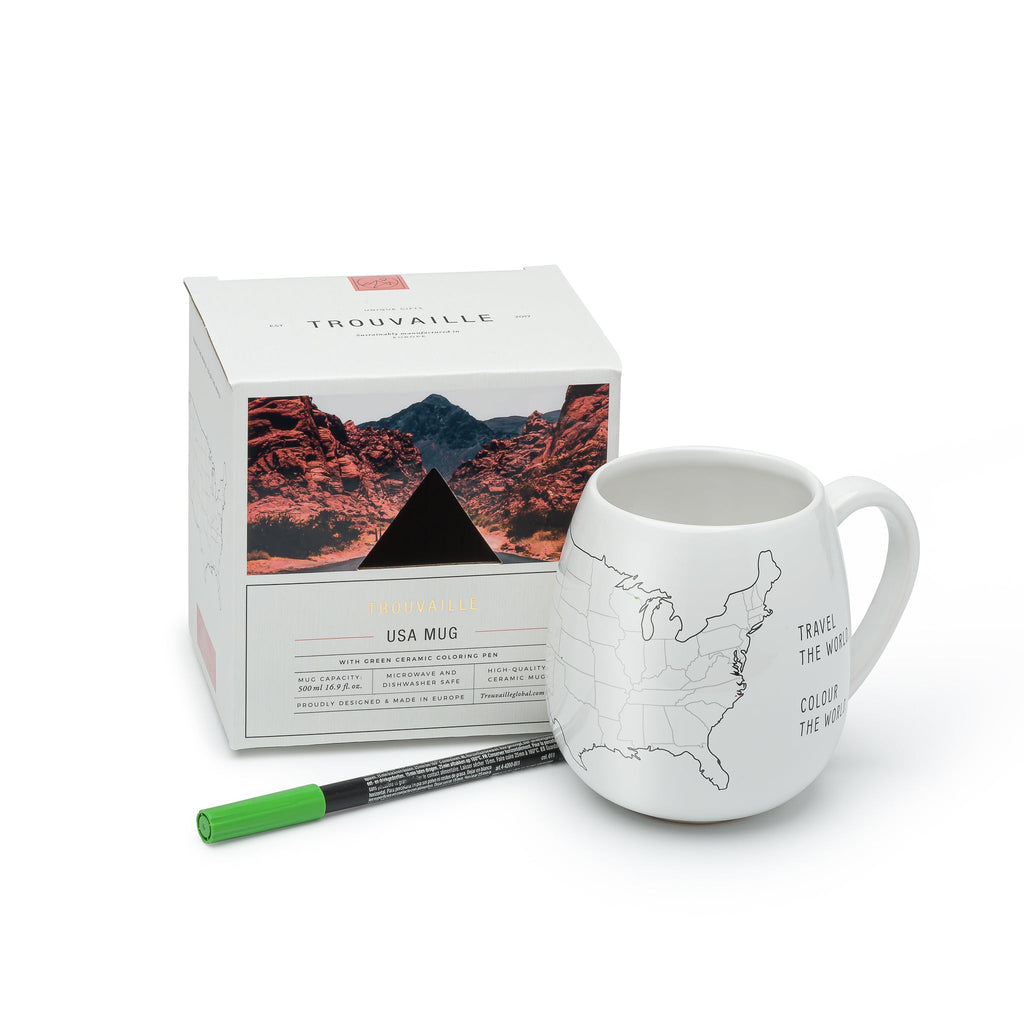 Trouvaille USA Map color-in travel mug with a white background and detailed map design for coloring.