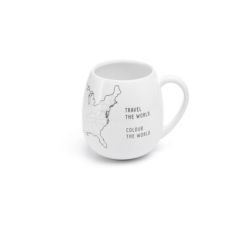 Trouvaille USA map color-in travel mug featuring a black and white map design, perfect for coloring and on-the-go use.