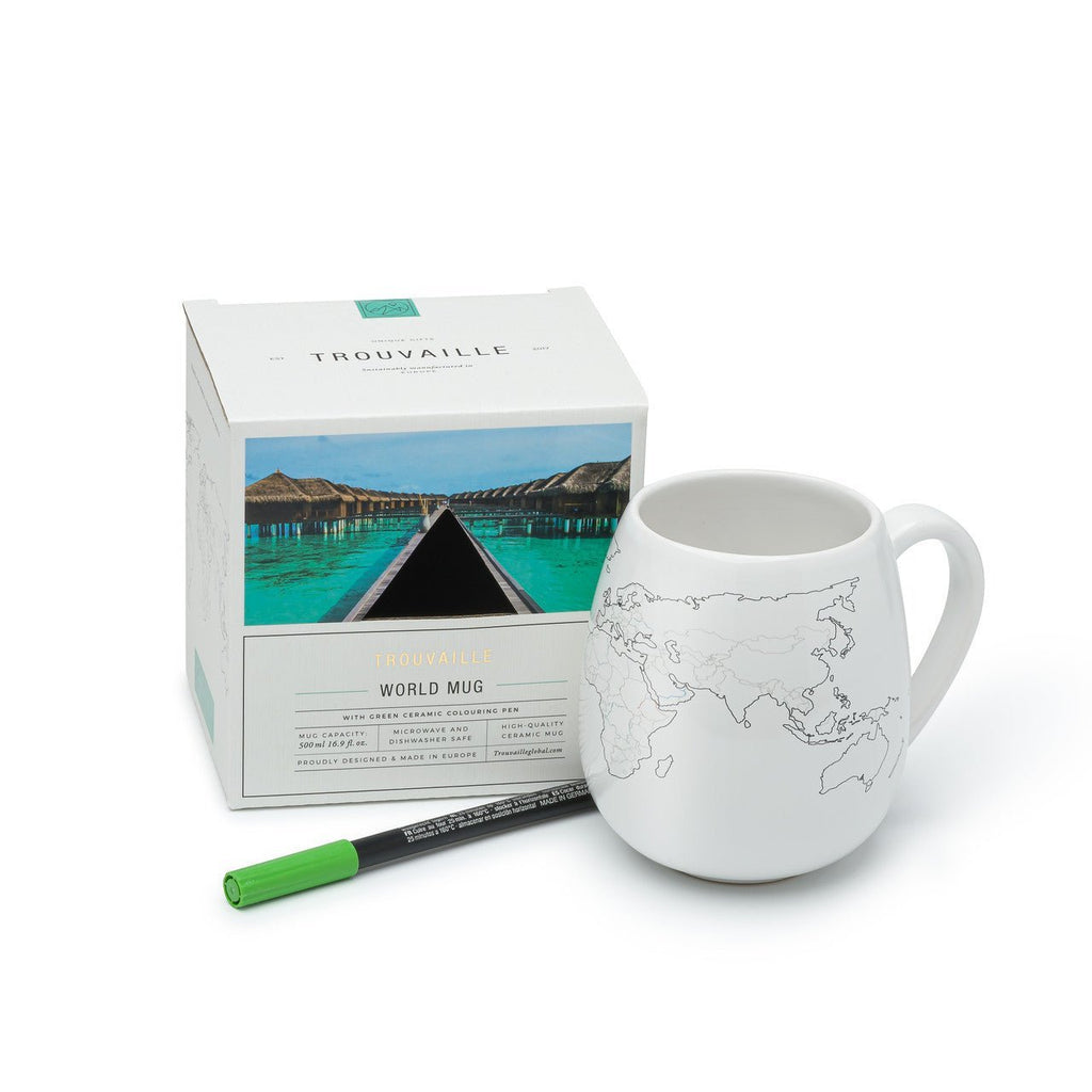 Trouvaille colour-in world map mug, travel-themed ceramic mug ideal for adventurers and travel gift enthusiasts.