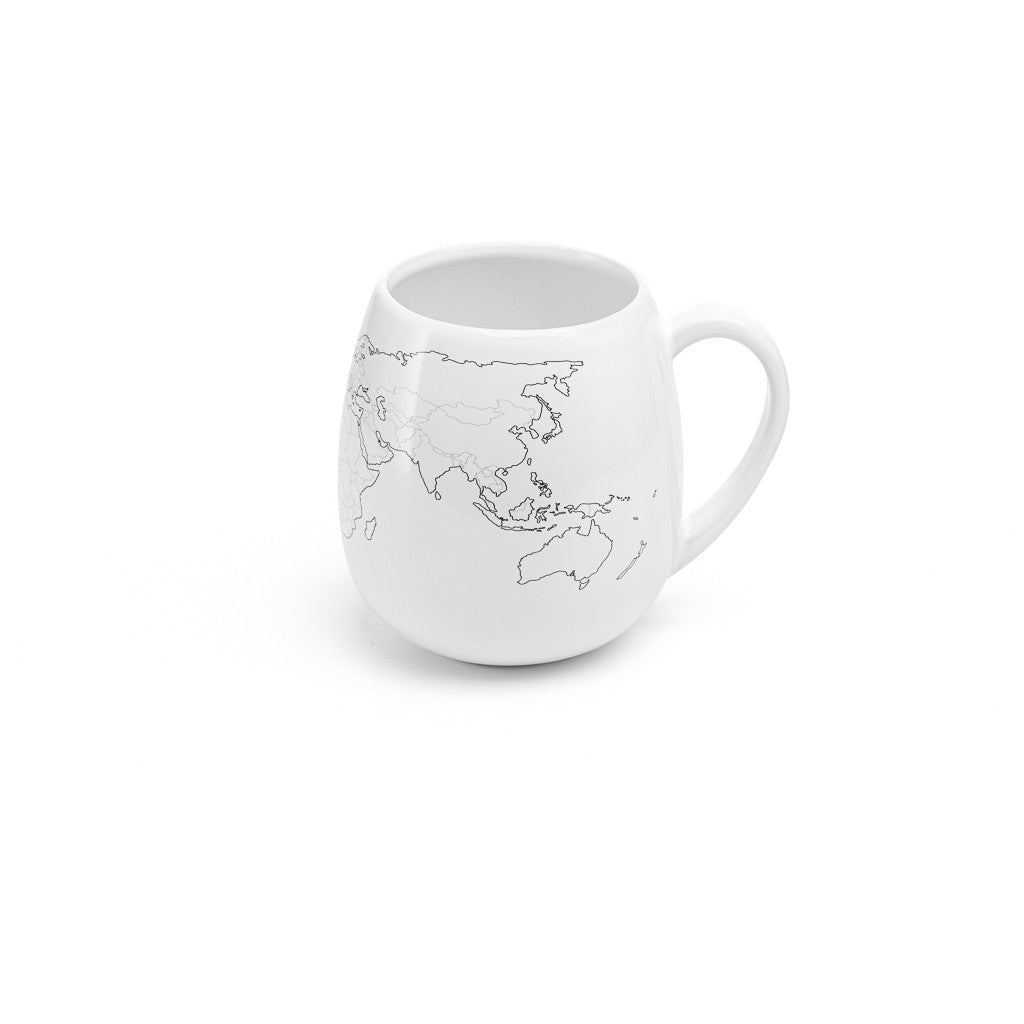 Trouvaille colour-in world map mug featuring a travel-themed design, perfect for adventurers and travel enthusiasts.
