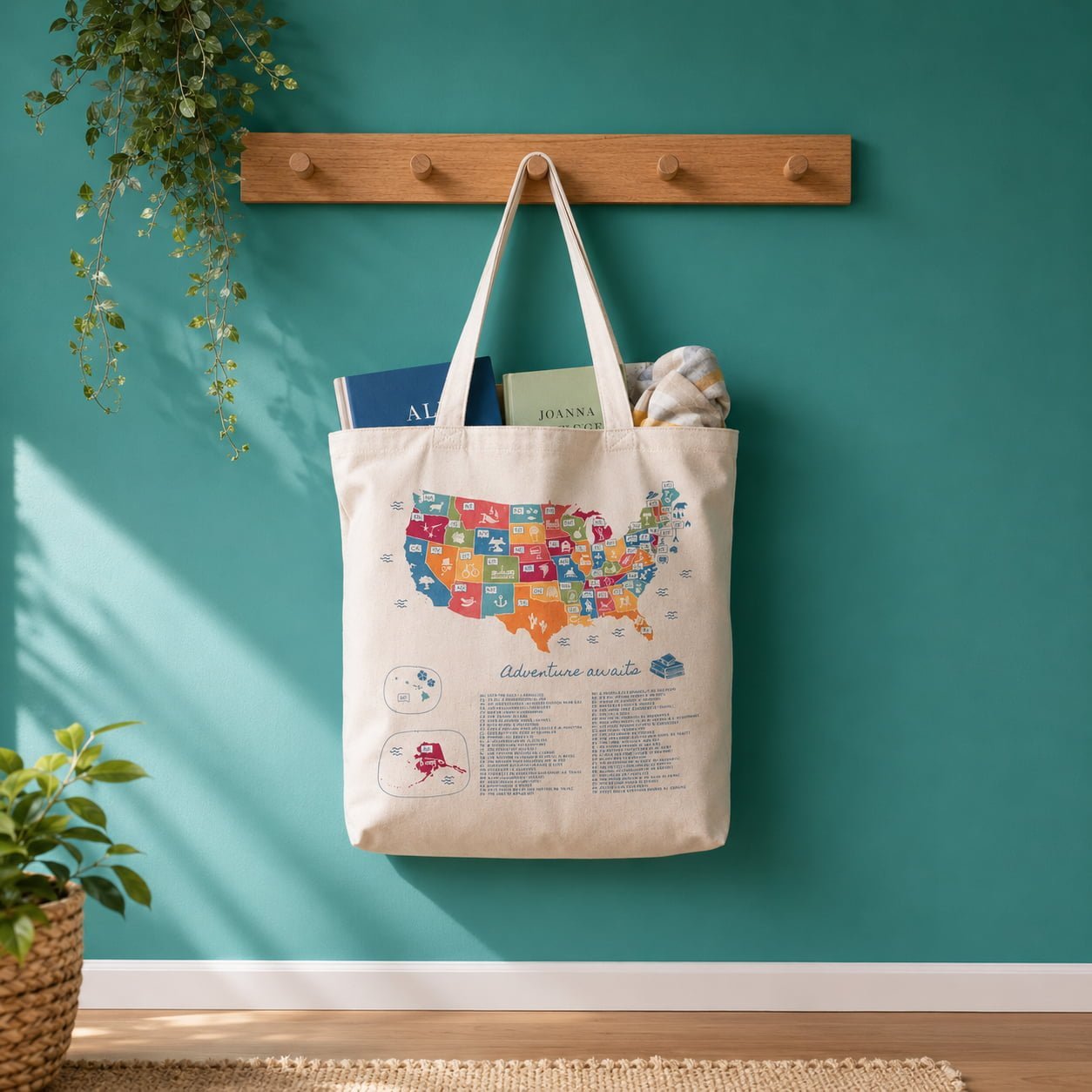 Trouvaille US Book Lover's Color In tote bag hanging, featuring a colorful book-themed design on durable canvas.