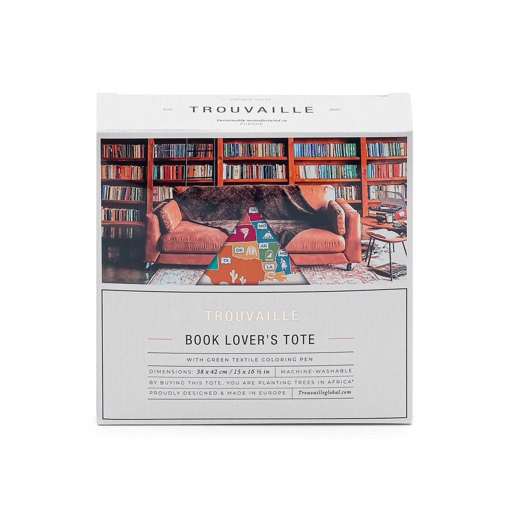 Cotton tote bag featuring US book lover design, by Trouvaille, with colorful print on white fabric.