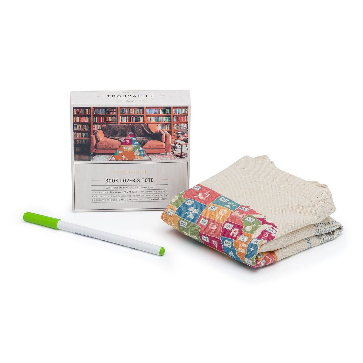 Cotton tote bag with US Book Lover color-in design by Trouvaille, featuring a spacious main compartment and sturdy handles.