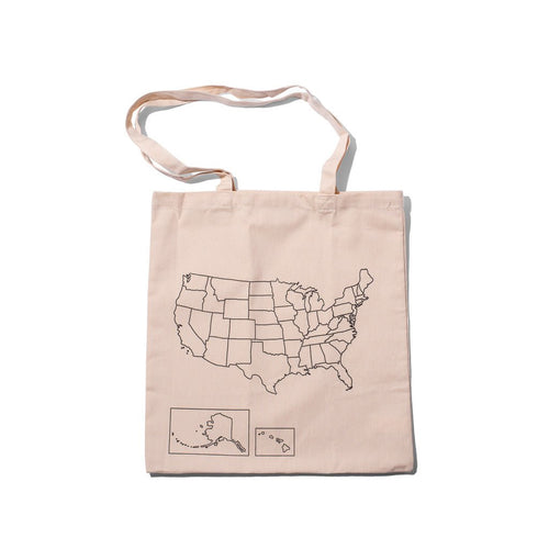 Colorful USA map design on Trouvaille travel tote bag, durable fabric tote bag perfect for travel and everyday use.