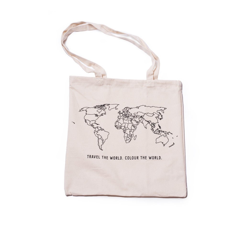 Cottrvaille World Map Colour-In Cotton Travel Tote Bag featuring a map design on a durable cotton tote for travel and everyday use.