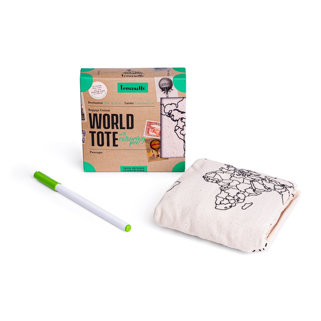Cotton travel tote bag with colorful world map design by Trouvaille, featuring sturdy handles and spacious interior.