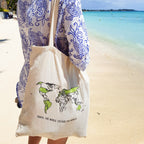 Cottruvaille World Map Colour-In Cotton Travel Tote Bag with handles, featuring a detailed world map design for travel and casual use.