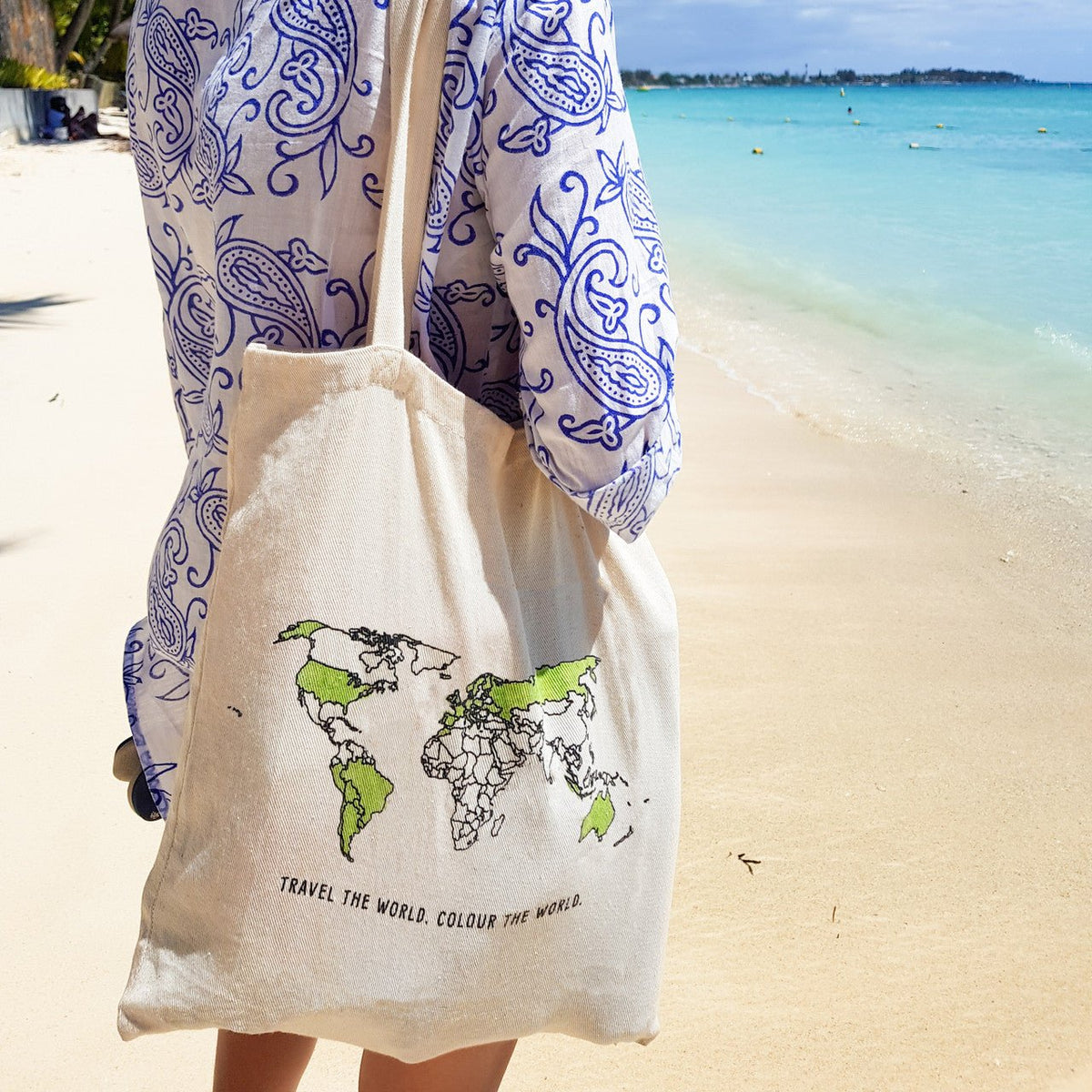 Cottruvaille World Map Colour-In Cotton Travel Tote Bag with handles, featuring a detailed world map design for travel and casual use.