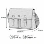 Technical illustration of Troop London Classic Canvas Messenger Bag TRP0210 showing front, strap, and detailed features.