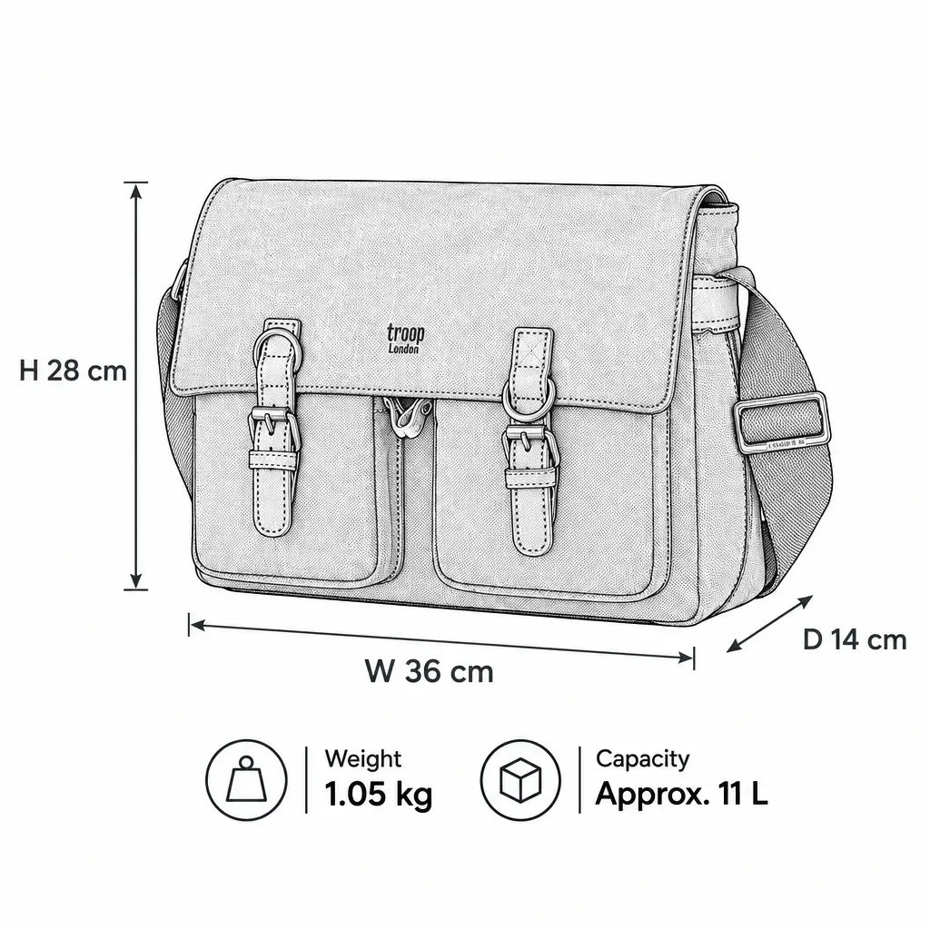 Technical illustration of Troop London Classic Canvas Messenger Bag TRP0210 showing front, strap, and detailed features.