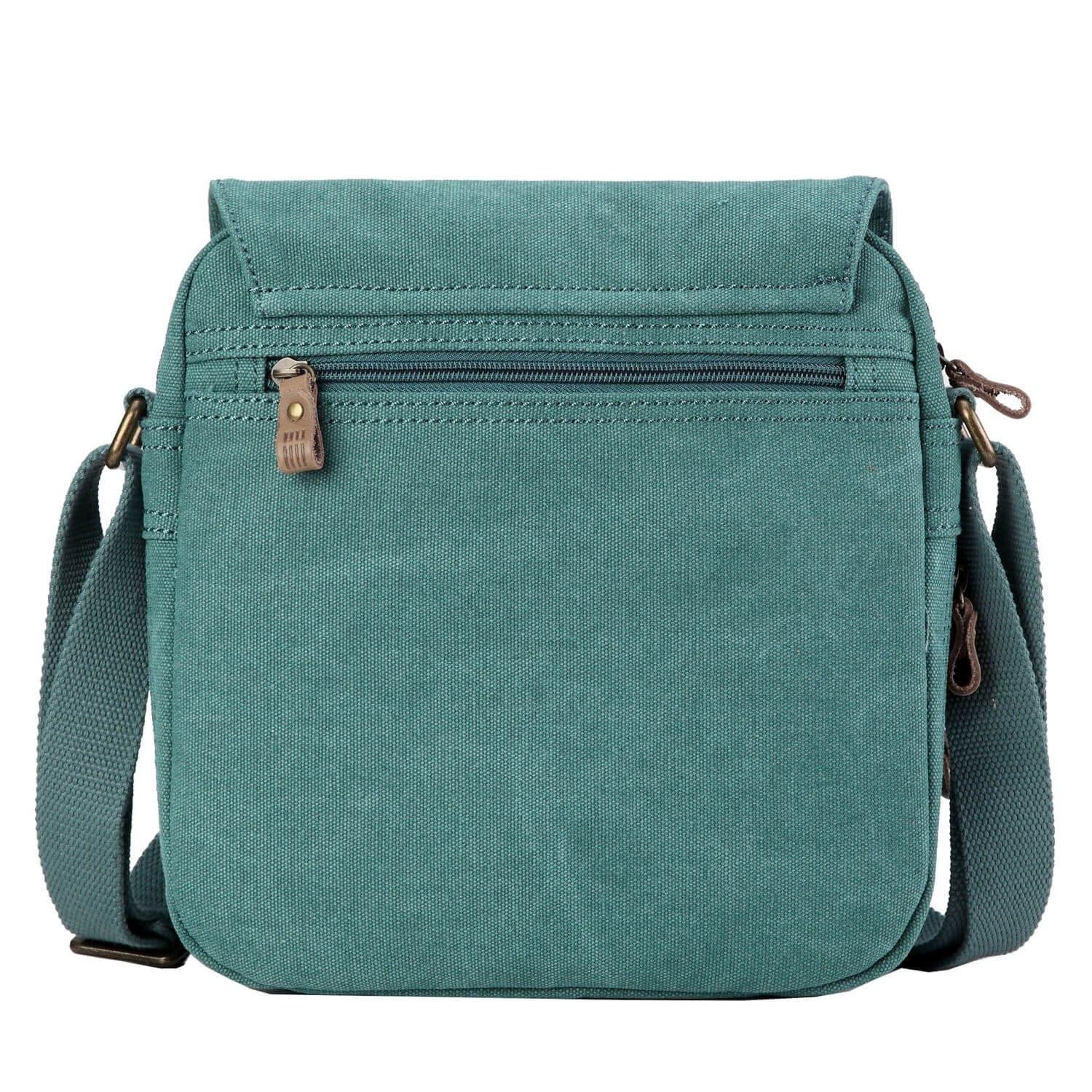 Turquoise Troop London across body bag with adjustable strap and main zipper compartment, stylish and functional for everyday use.