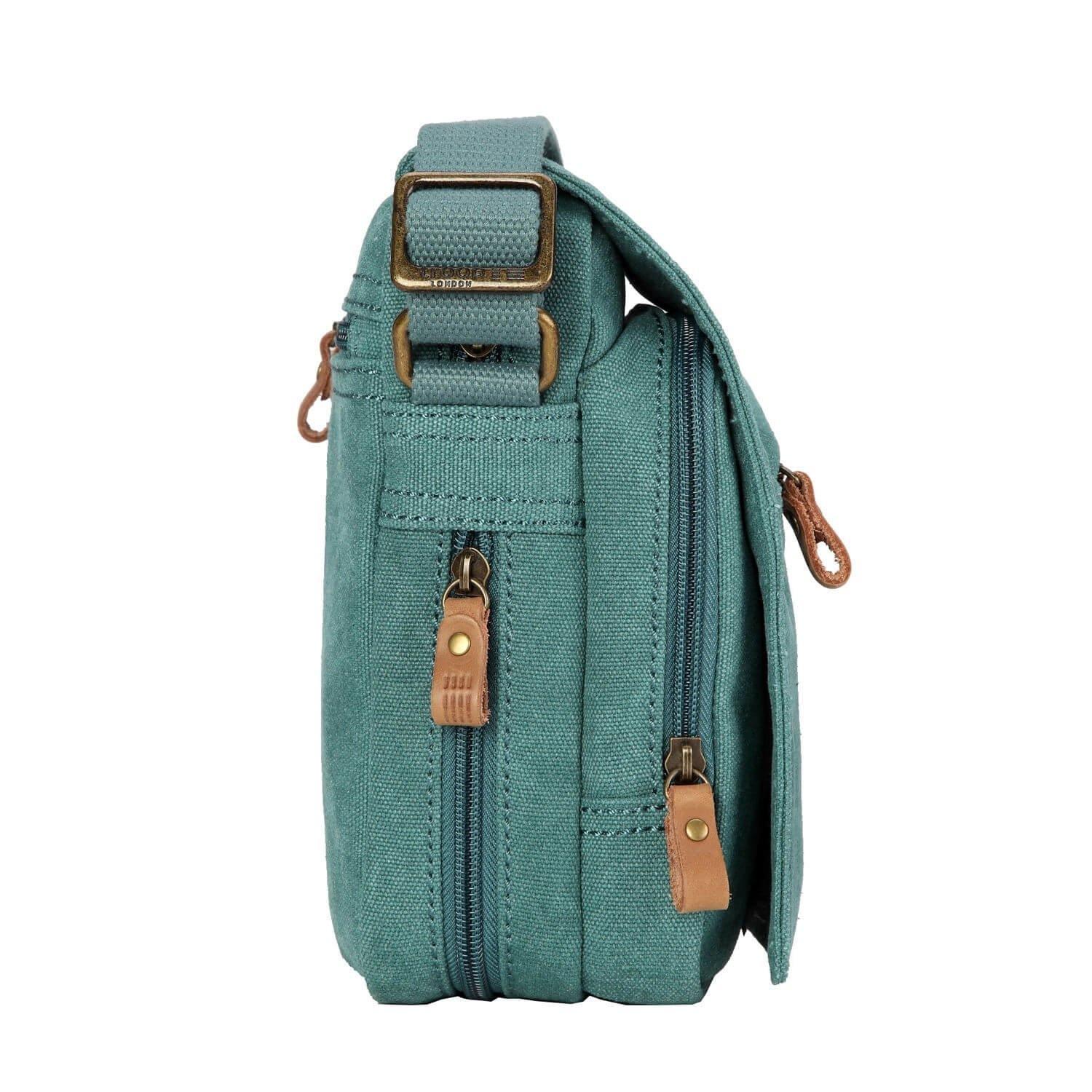 Turquoise Troop London across body bag with adjustable strap and minimalist design, shown on a plain background.