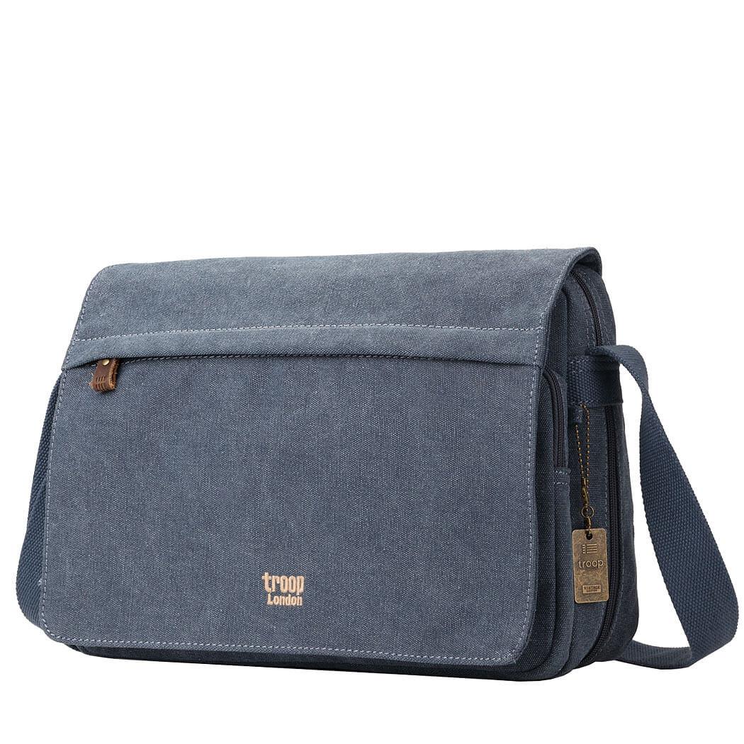 Blue Troop London Messenger Bag with adjustable strap and multiple pockets, stylish and functional for everyday use.