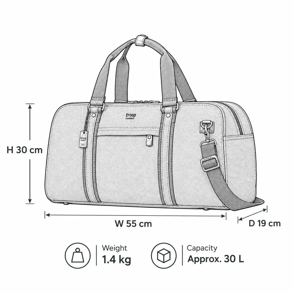 Illustration of Troop London Canvas Travel Duffel Bag 30L, a durable black travel luggage holdall with adjustable straps.