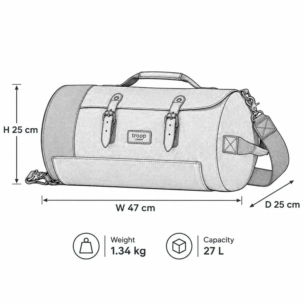 Troop London Heritage Canvas Duffel Backpack, a stylish travel luggage holdall bag with sturdy design and functional features.