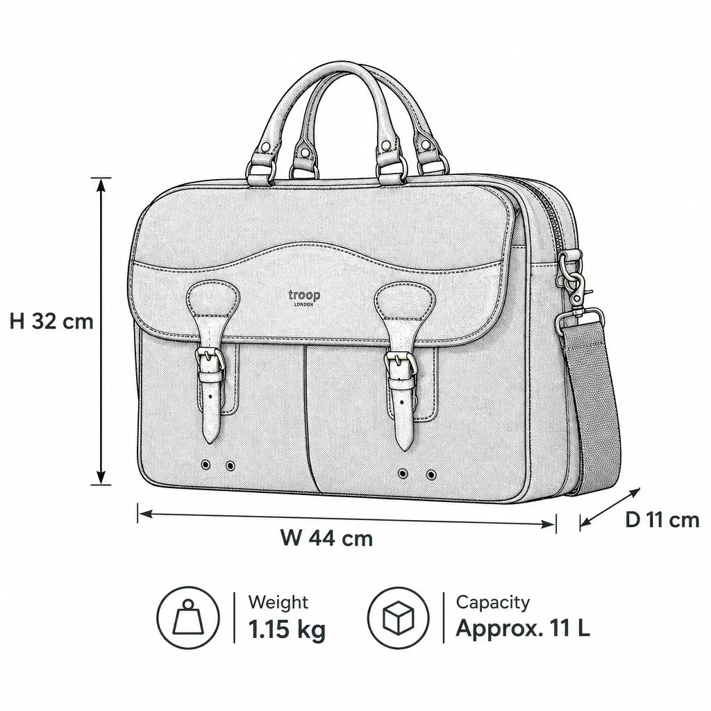 Illustration of Troop London Heritage Canvas 15-inch laptop messenger bag with adjustable strap and front pocket.