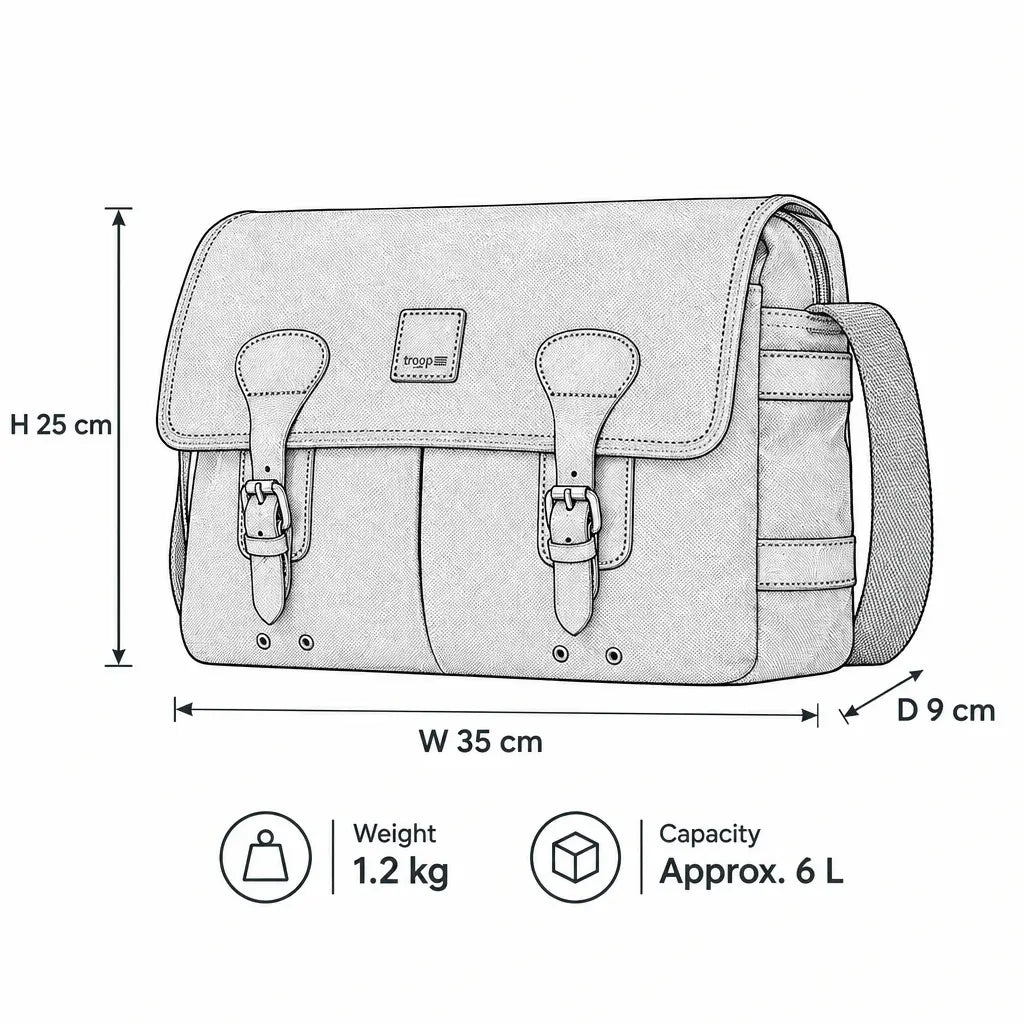 Troop London Heritage Canvas 13-inch slim messenger bag with adjustable strap and multiple compartments, detailed technical illustration.