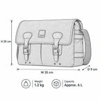 Troop London Heritage Canvas 13-inch slim messenger bag with adjustable strap and multiple compartments, detailed technical illustration.