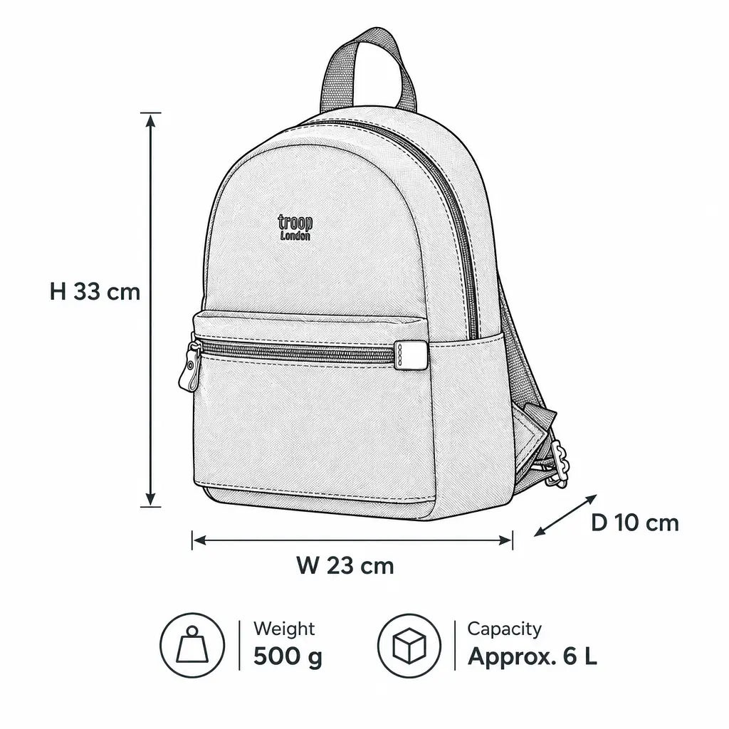 Illustration of Troop London Small Classic Canvas Backpack showing its compact design and main compartments.