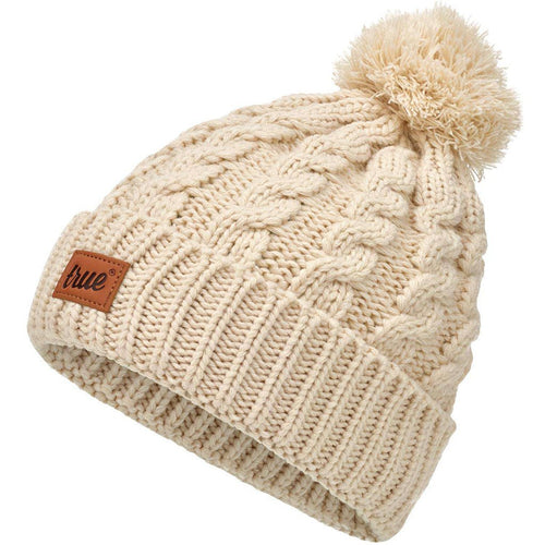 Cream bobble beanie hat with a pom-pom from truevisionbrand, featuring a cozy knitted design for cold weather wear.