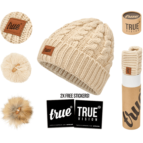Cream bobble beanie hat by truevisionbrand, featuring a cozy knit design with a fluffy pom-pom on top.