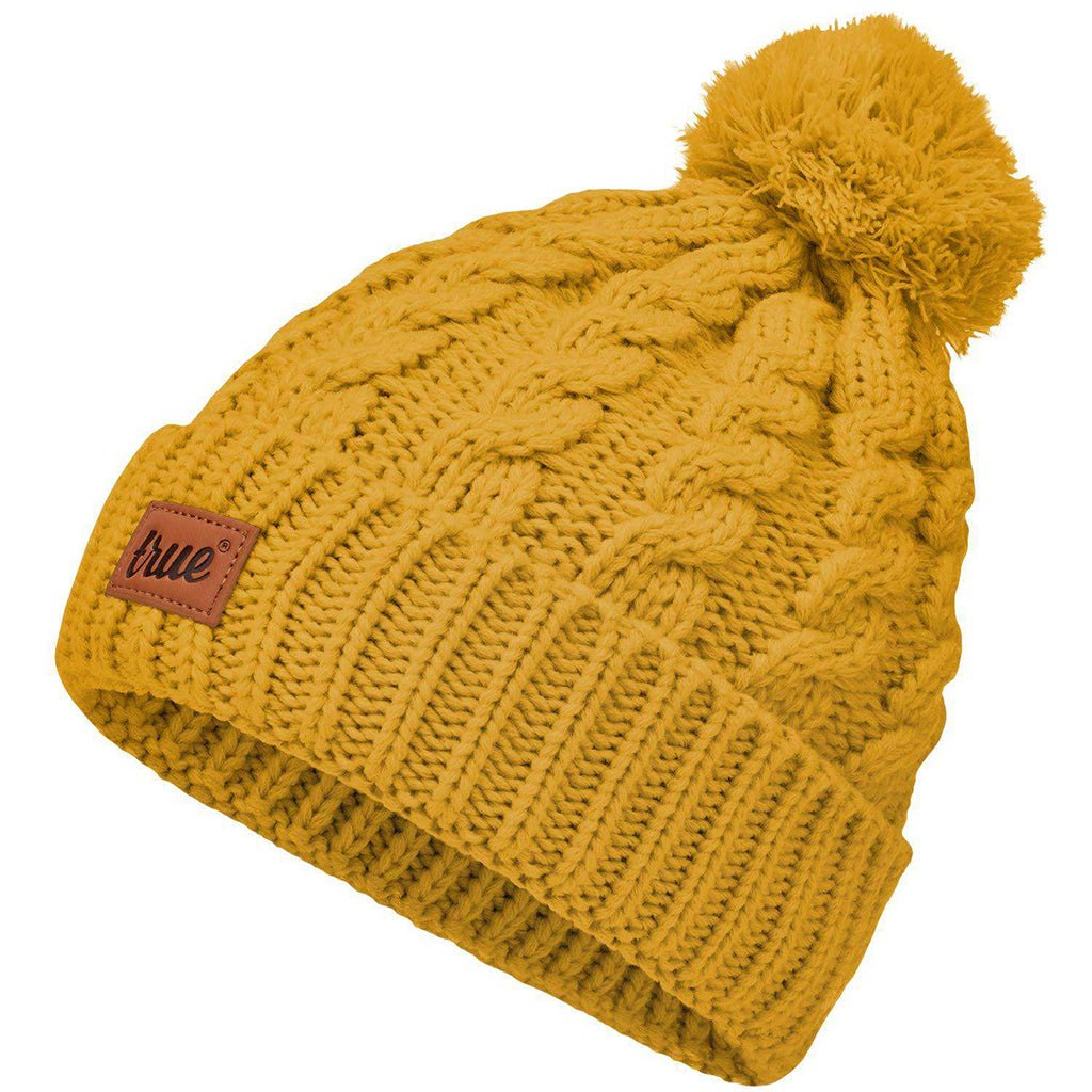 Mustard yellow bobble beanie hat with pom-pom from truevisionbrand, styled for casual winter wear.