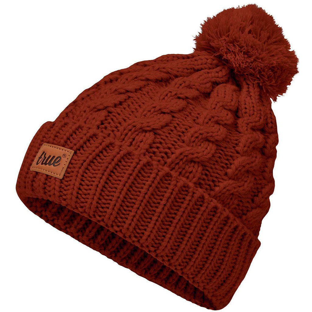 Rust red bobble beanie hat with a pom-pom from truevisionbrand, featuring a cozy knit design and a stylish, casual look.