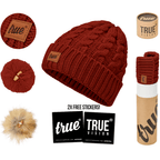 Cream bobble beanie hat by truevisionbrand featuring a soft knit with a large fluffy pom-pom on top.