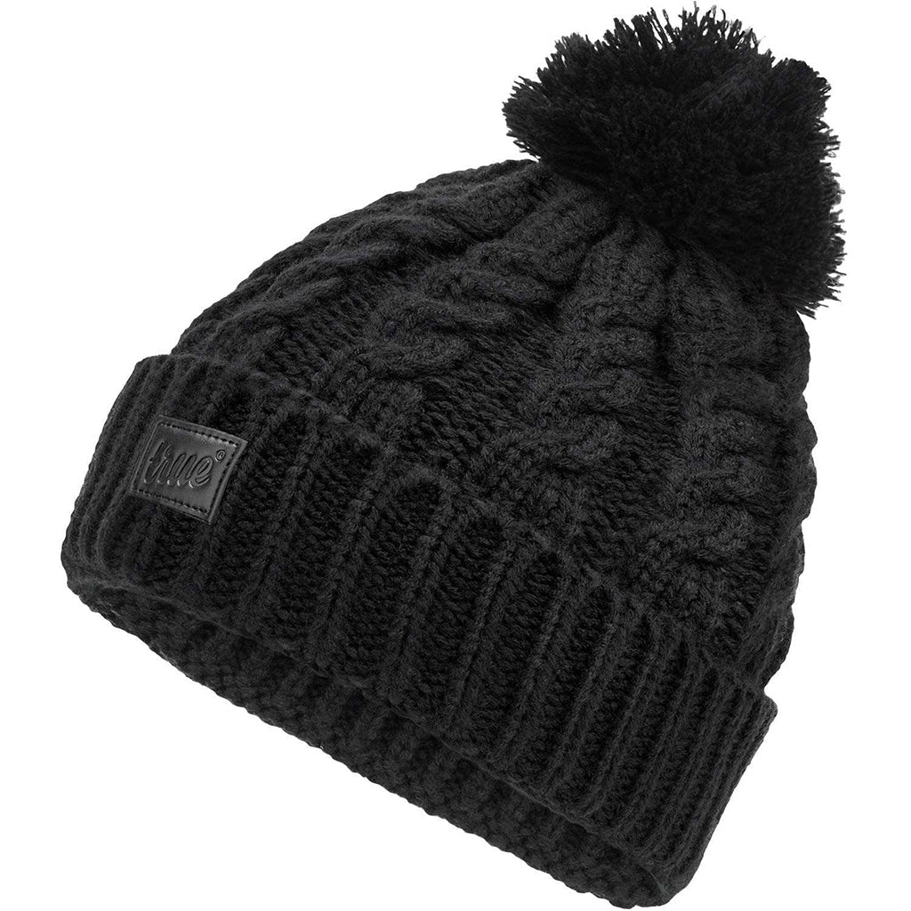 Black bobble beanie hat with a pom-pom from True Vision Brand, featuring a cozy knit design and a stylish, casual look.