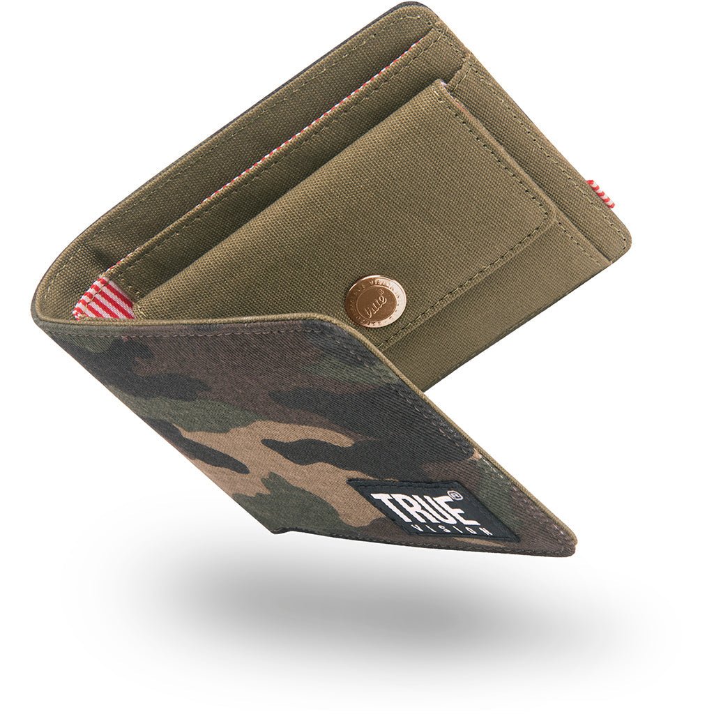TrueVisionBrand RFID camouflage bi-fold wallet with multiple card slots and secure cash compartment.