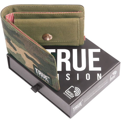 Truevisionbrand camouflage bi-fold wallet open with card slots and cash compartment on a neutral background.