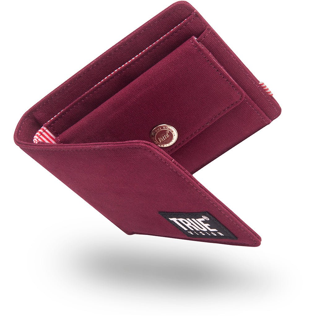 Truevisionbrand bi-fold wallet with RFID protection in army burgundy color, featuring multiple card slots and a sleek design.