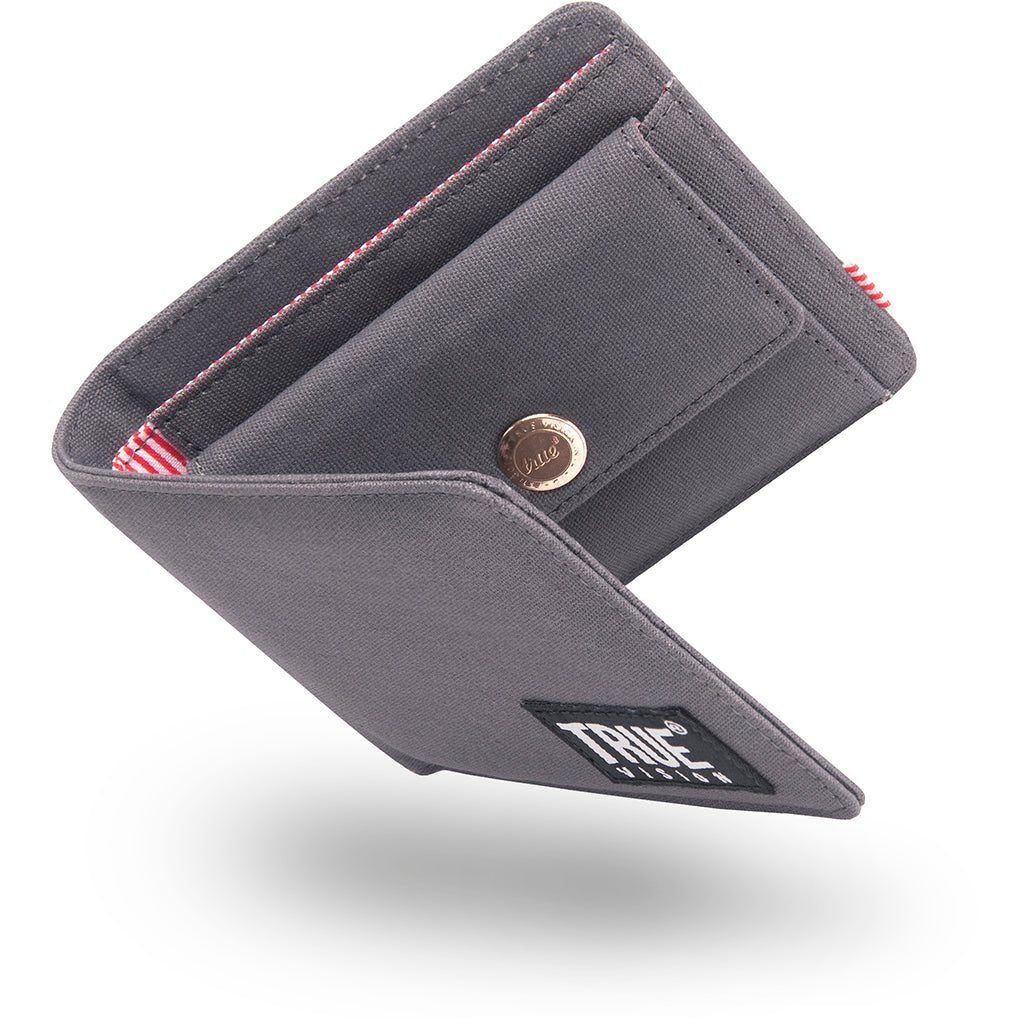 Charcoal grey truevisionbrand bi-fold wallet with RFID blocking features, showing multiple card slots and a sleek design.