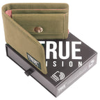 Black bi-fold wallet by truevisionbrand, featuring card slots and a sleek design, made of durable leather.