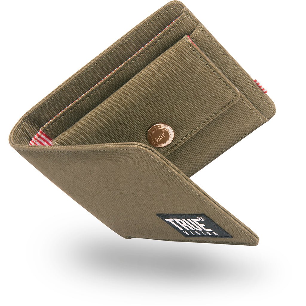 Army green truevisionbrand bi-fold wallet with RFID protection, showcasing multiple card slots and a sleek, compact design.