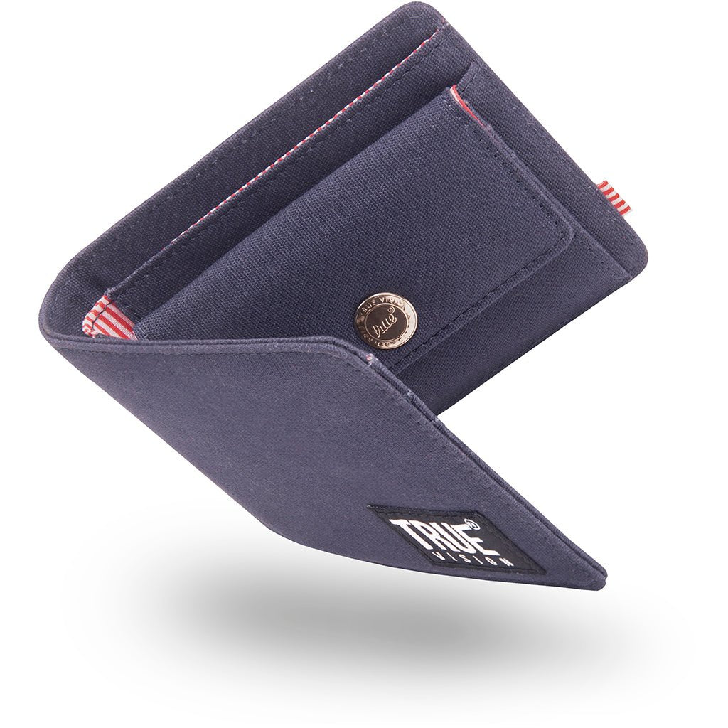 TrueVisionBrand navy blue RFID bi-fold wallet with multiple card slots and a sleek, minimalist design.