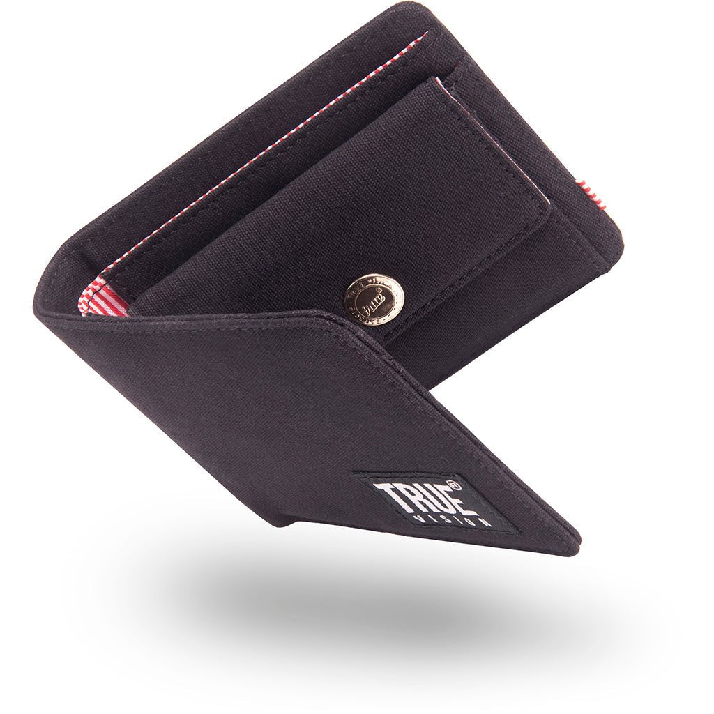 Black RFID bi-fold wallet from truevisionbrand showing multiple card slots and a sleek leather design.