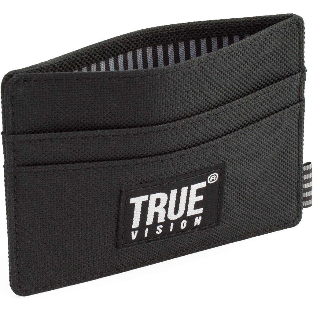 Black nylon slim card wallet by truevisionbrand featuring RFID-blocking design and compact, minimalist style.