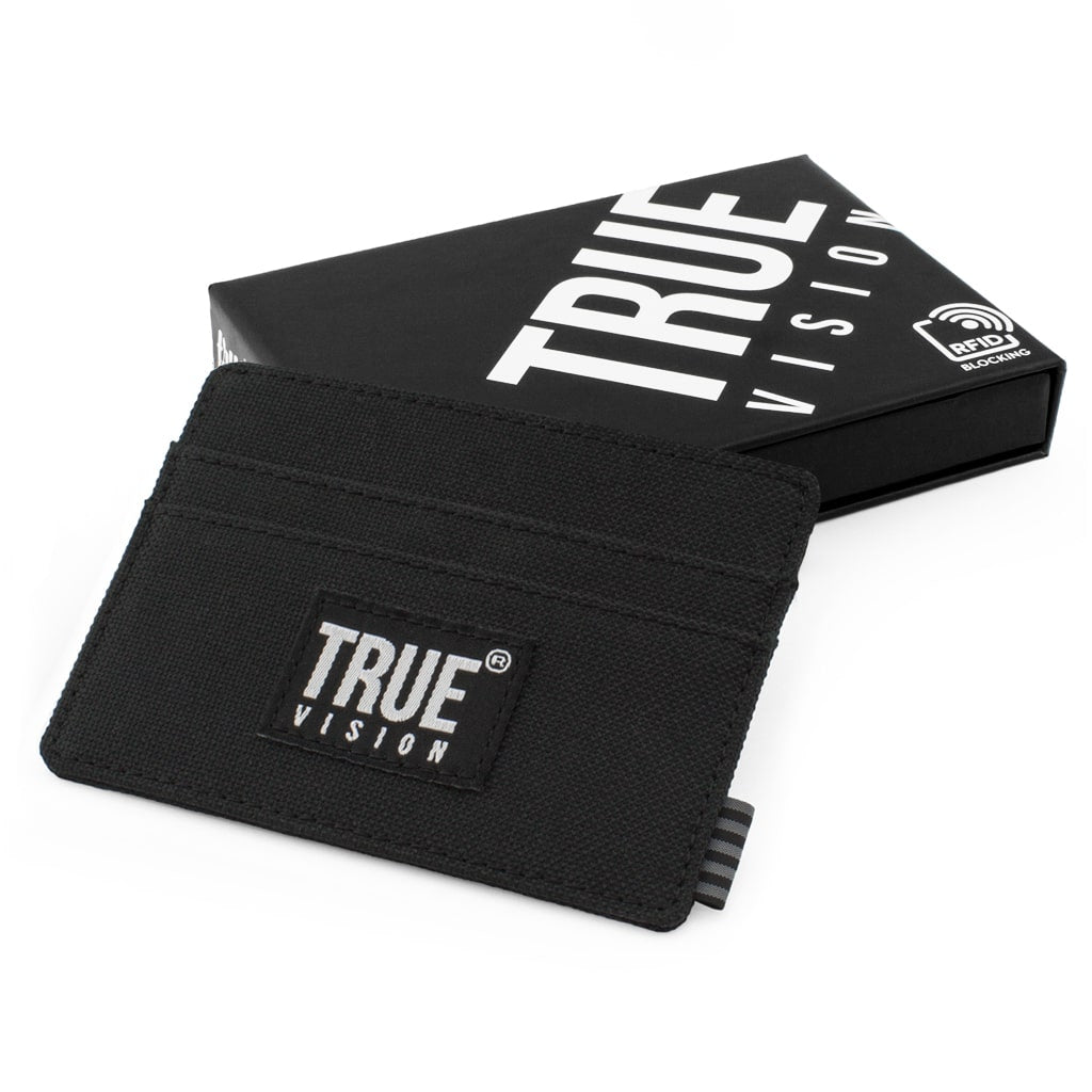 Black slim canvas card wallet by truevisionbrand, compact and lightweight for easy card organization.