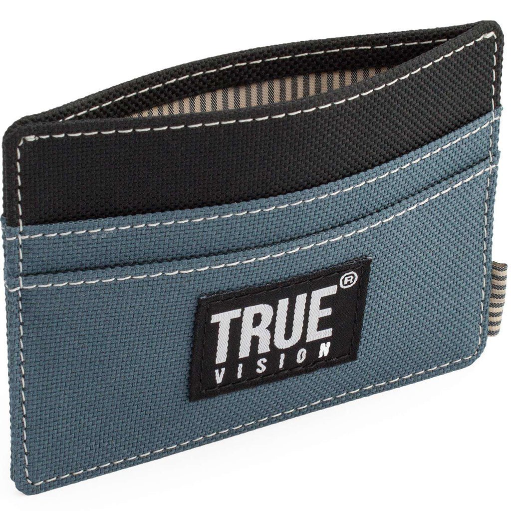 Blue denim nylon slim card wallet by truevisionbrand with RFID protection, designed for compact storage of credit cards.