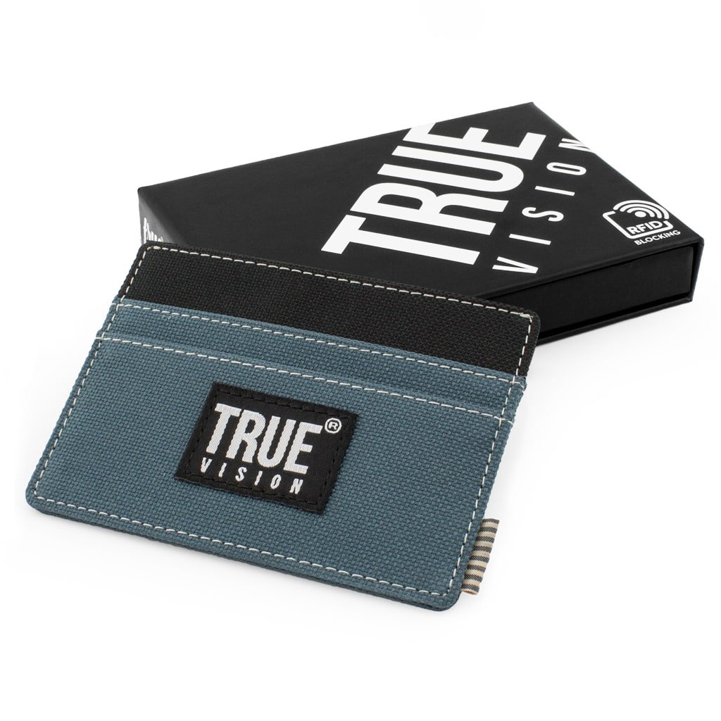Black slim canvas card wallet by truevisionbrand, compact design with multiple card slots for everyday use.