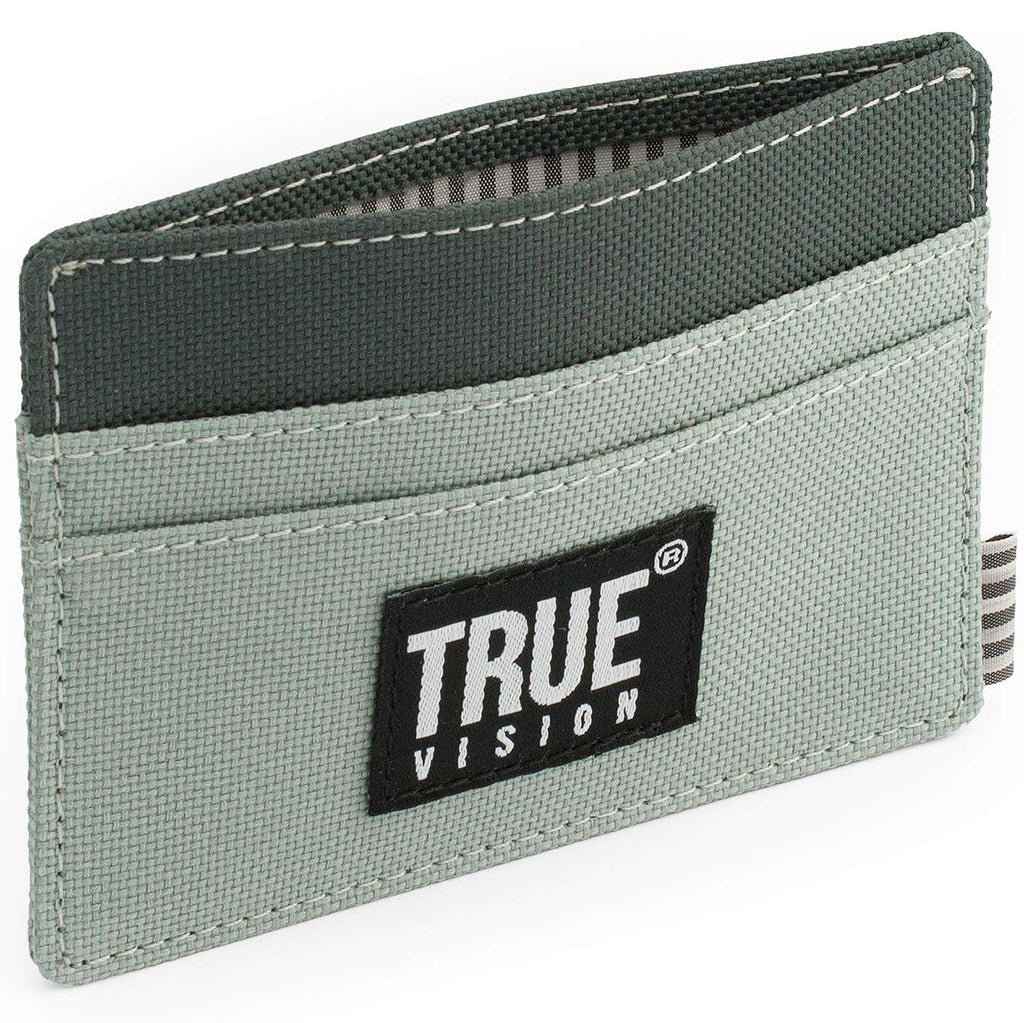 Light grey nylon slim card wallet by truevisionbrand with RFID protection, designed for compact storage of credit cards and IDs.