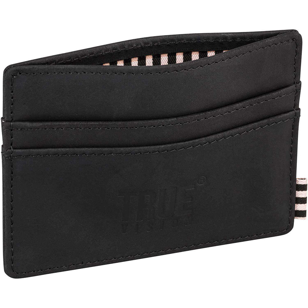 Black nubuck leather slim card wallet by TrueVisionBrand, compact design with RFID protection for cards.