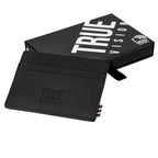 Black slim leather card wallet by truevisionbrand with multiple card slots and sleek design for everyday use.