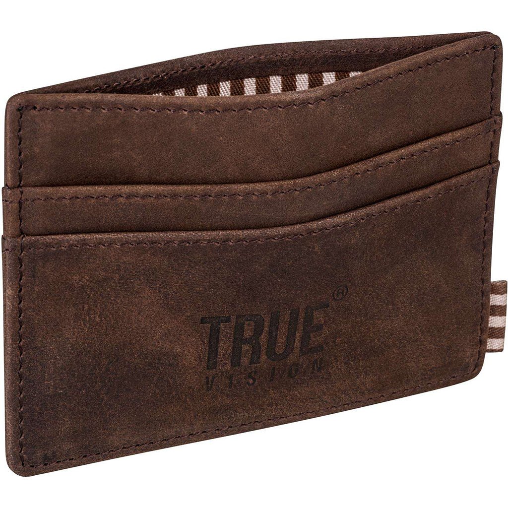 Truevisionbrand slim leather card wallet in brown with RFID protection, crafted from nubuck leather for a sleek and secure fit.