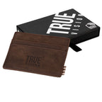 Black leather slim card wallet from truevisionbrand showing multiple card slots and sleek compact design.