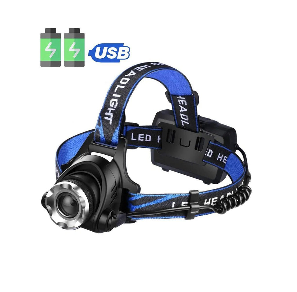 HikeWare TS waterproof rechargeable headlamp with adjustable straps and bright LED light for outdoor activities and night hiking.