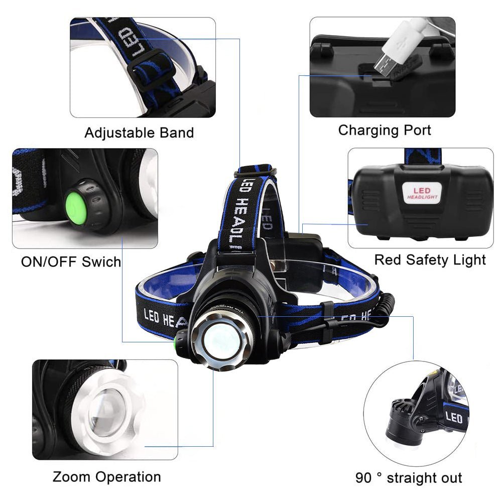 HikeWare TS waterproof rechargeable headlamp with adjustable strap and bright LED light for outdoor activities.